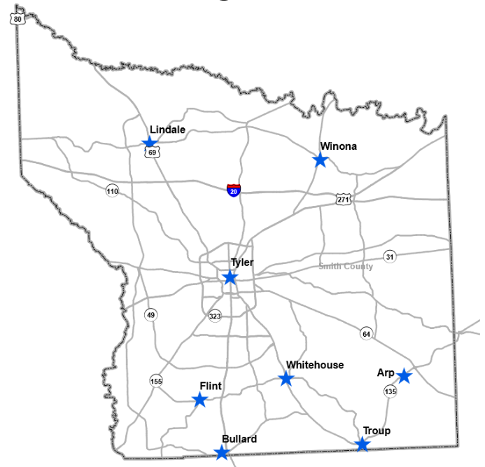 Map of all City of Tyler Housing Choice Voucher Program Locations, which are Tyler, Lindale, Winona, Flint, Whitehouse, Arp, Bullard, and Troup.
