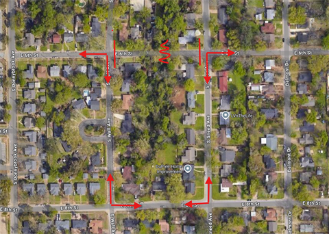 Aerial map view of a residential neighborhood with red directional arrows illustrating a route that includes streets such as E 6th St, S Wall Ave, E 8th St, and S Sneed Ave